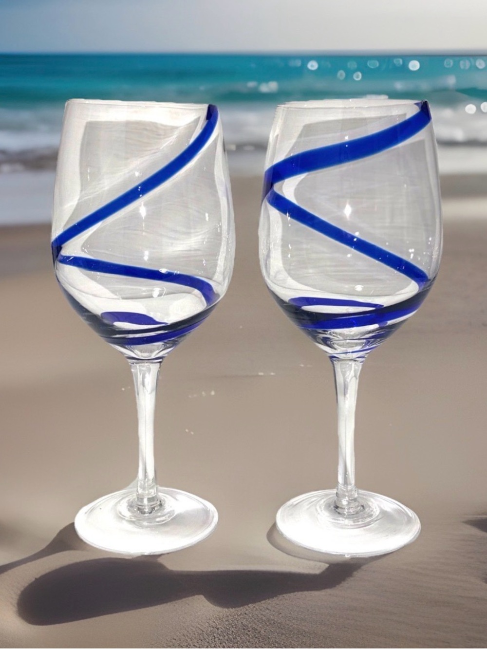 Pier 1 Import Cobalt Blue Swirl Line Wine Goblet Glass 20oz Set of 2 Hand Blown